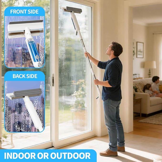 4-in-1 Window Cleaner with Extension Pole & Handle-Controlled Sprayer | 74" Extendable Window Cleaning Kit , Foam Scrubber & Reusable Pads for High Windows, Shower Doors, Mirrors & Car Glass