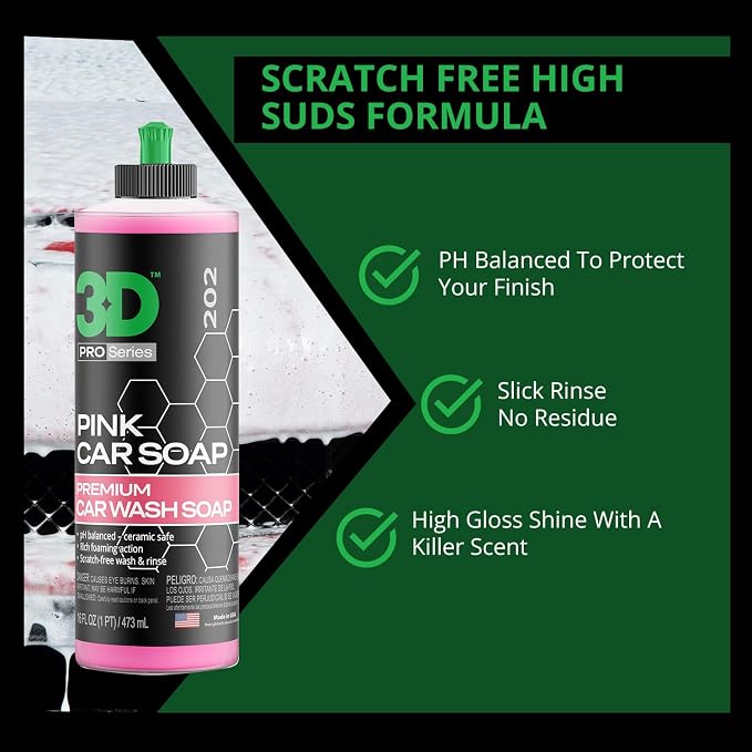 3D Pink Car Soap – 16 oz |pH Neutral Car Wash Soap with High Suds & Cherry Scent | Scratch-Free, High Gloss Shine | Safe on Wax & Sealants | Weekly Car Care (Pack of 2)