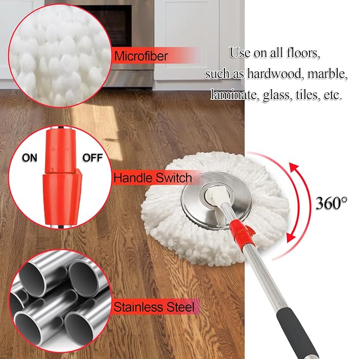 Spin Mop and Bucket with Wringer Set, 3 Mop Heads, 61" Adjustable Handle | 360° Spinning Mop Bucket System with 3 Microfiber Mop Heads & 61" Stainless Steel Adjustable Handle for Floor Cleaning