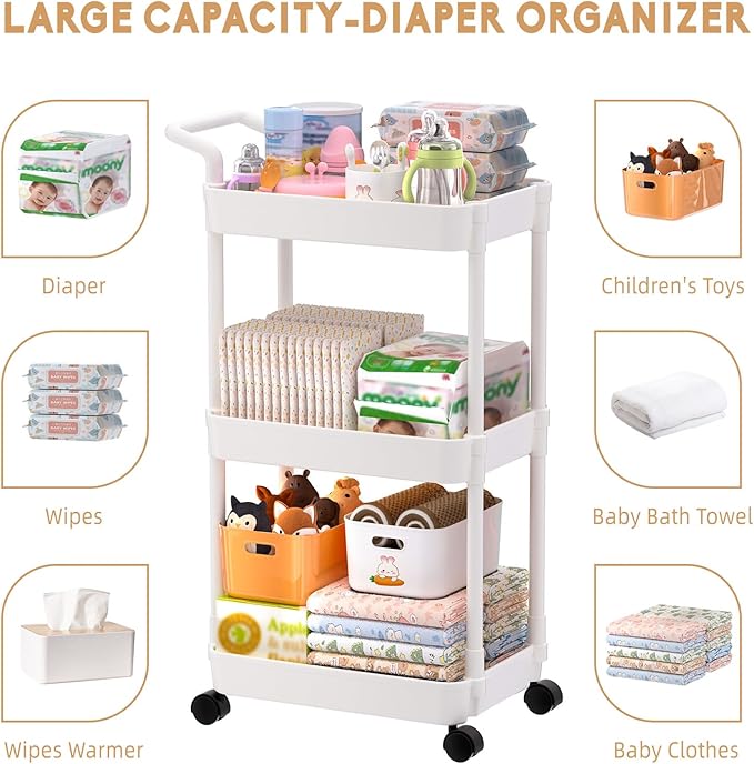 Volnamal Diaper Caddy, 3 Tier Rolling Cart for Baby Essentials, Off-White | Movable & Easy Assemble Cart for Newborn Nursery Essentials, Diaper Storage Organizer for Changing Table&Crib, Baby Registry