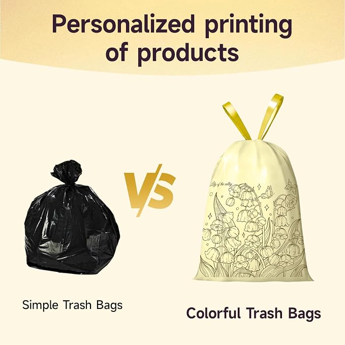 Lily of the Valley Scented Small Garbage Bags,Trash Bags 4 gallon Drawstring For Bathroom,Office,Bedroom,Car,Suitable for 2-4 gallon trash can,colorful Print,yellow,50 Counts