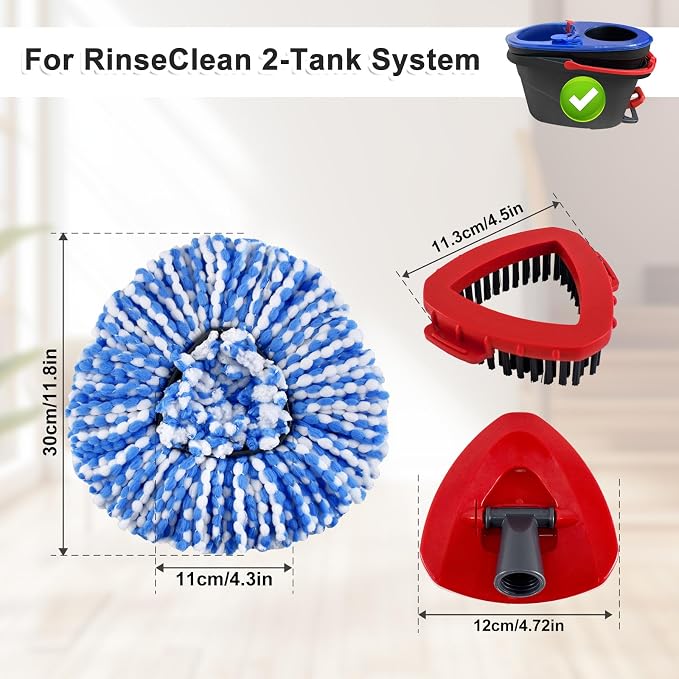 Mop Heads Replacements for Ocedar, Spin Mop Replacement for O-Cedar RinseClean 2 Tank System Mop Refills, Include 3 Pack Mop Refills, 1 Scrub Brush & 1 Mop Base