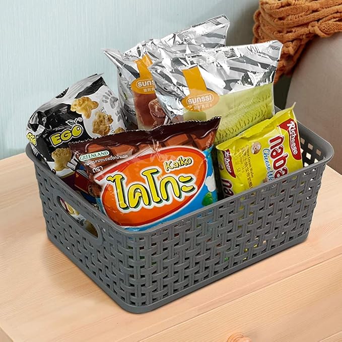 Mixed Color Rectangle Storage Baskets, Plastic Weave Shelf Baskets, 6 Packs