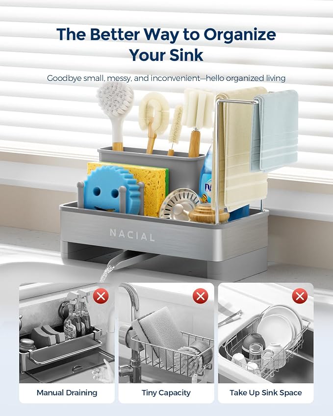 Nacial Kitchen Sink Organizer, Sink Caddy with Sponge & Tall Brush Holder | 304 Stainless Steel Kitchen Countertop Organizer with Double-Bar Towel Holder, Stores Sponge, Brush, Towel & Sink Essentials