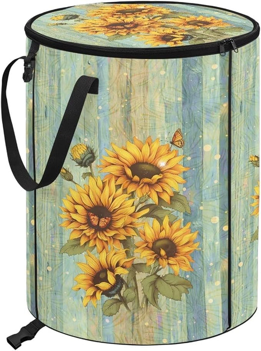 Vintage Sunflower Print 24 Gallon Large Capacity Collapsible Trash Can with Lid and Handles Camping Waster Bag Garden Leaf Bin Laundry Hamper Childrens Toy Bin