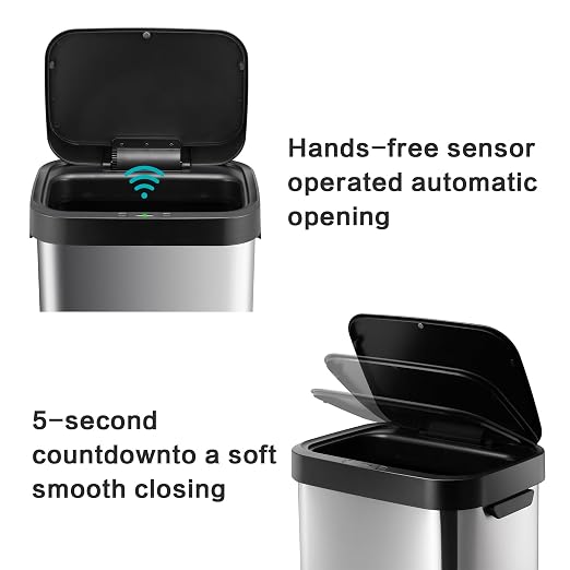 13 Gallon Trash Can, Touchless Stainless Steel Kitchen Bin (Silver) | Automatic Motion Sensor Lid | 50L Fits 13 Gal Tall Kitchen Bags | Anti-Fingerprint Brushed Finish | For Home Office Bathroom
