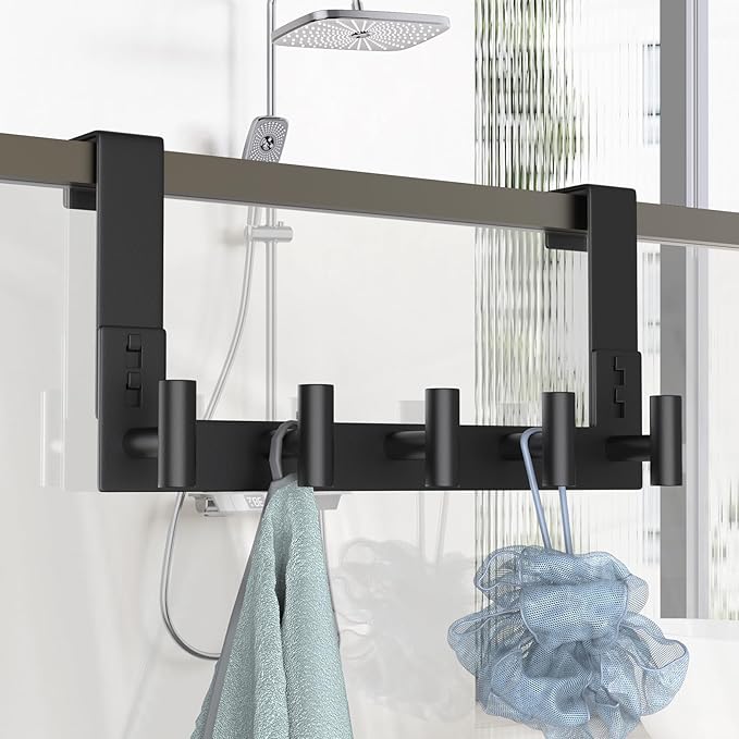 PMMASTO Door Hanger for 1-3/4 Inch Doors, Black- 5 Hooks, T Shape | Stainless Steel Door Hooks Organize Coats Towels Robes in Bathrooms Bedrooms Closets