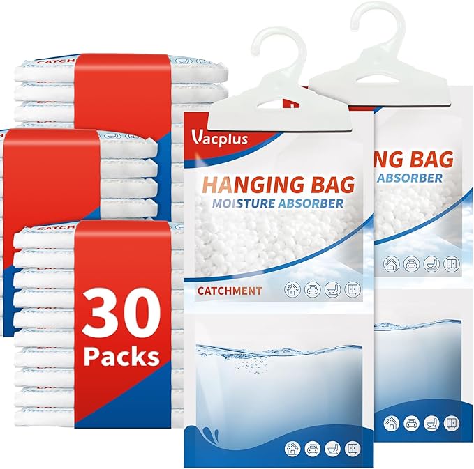 Vacplus Moisture Absorber, 30Pack Hanging, Strong Absorption, Unscented | Closet, Enclosed Spaces, Bathroom, Odor Eliminator, Dehumidifier Bags, 9.8 OZ