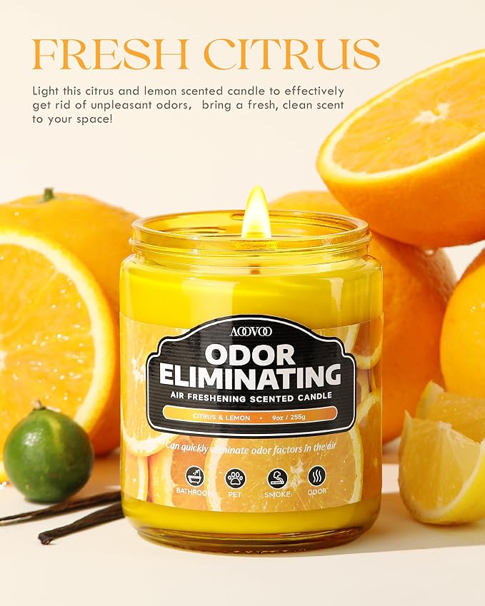 AOOVOO Citrus Lemon 2 Pack Odor Eliminating Candle - 18oz Soy Candle | Eliminates 95% of Pet, Smoke, Food, and Other Smells Quickly, Non Toxic Air Freshing Candle, Up to 100 Hours Burn time