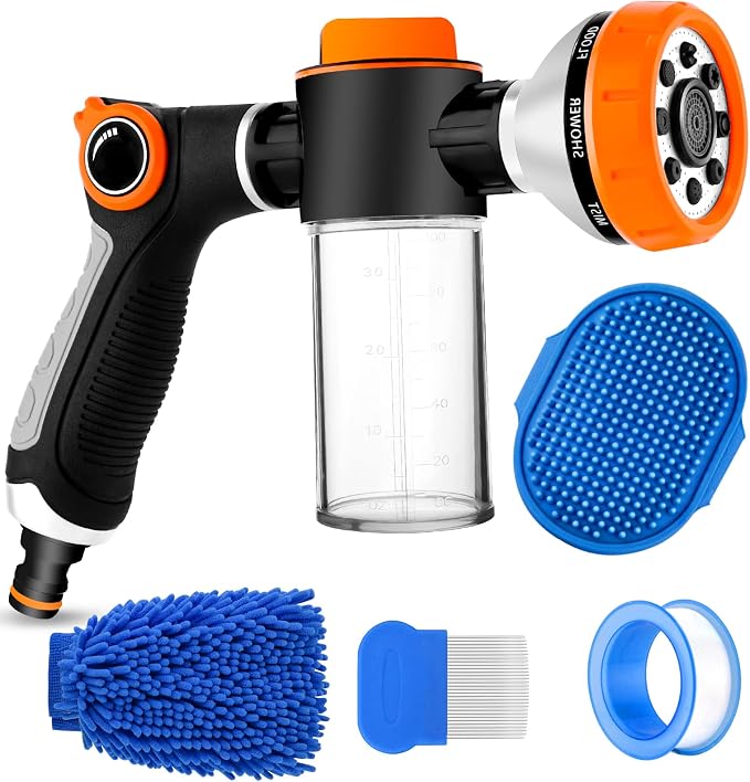 Upgrade Dog Washing Hose Attachment Soap Dispenser | Dog Wash Hose Attachment with Pet Bath Brush | Car Wash Mitt | Dog Comb for Showering Pet (Hose Not Include)