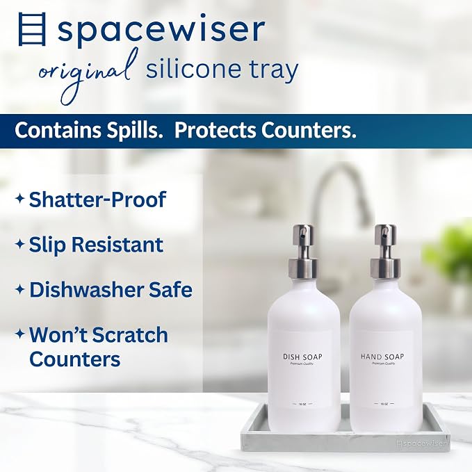 Spacewiser Countertop & Vanity Silicone Tray – 2 PC Small 7.7" Soap Tray | Kitchen Soap Tray Set, Dish Soap Tray for Kitchen Counter, Kitchen Sink Tray, Silicone Soap Dispenser Tray & Sponge Holder