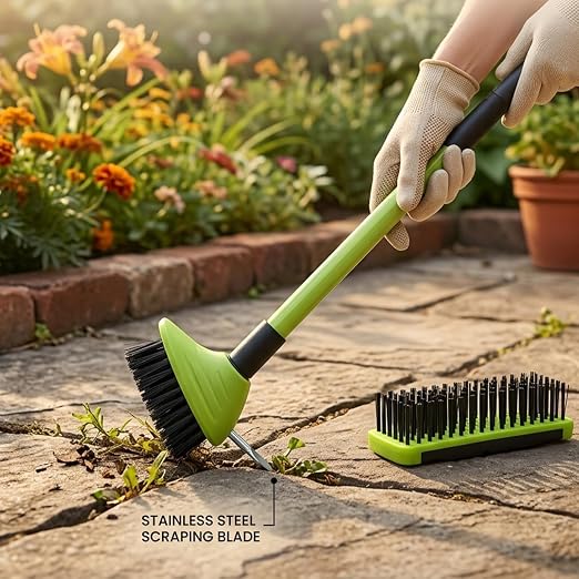 3-in-1 Weed Brush Set with Long Handle for Patio & Driveway (Green,3pcs) | Includes a floor scrub brush, gap cleaning brush and metal weeding hook for cleaning patios, concrete, decks and driveways.