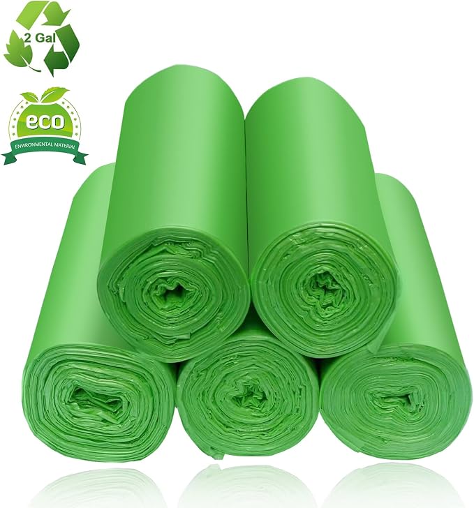 2 Gallon Compostable Trash Bags 100 Count | Green Biodegradable Garbage Bags 7.5 Liters Wastebasket Trash Liners for Bathroom Office Bedroom