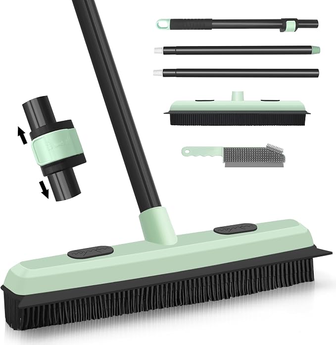 Upgraded Rubber Broom Pet Hair Remover with Squeegee 57.9'' Carpet Rake Fur Sweeper Small Detailing Lint Brush to Fluff Carpet Rug Tile Hardwood Floor