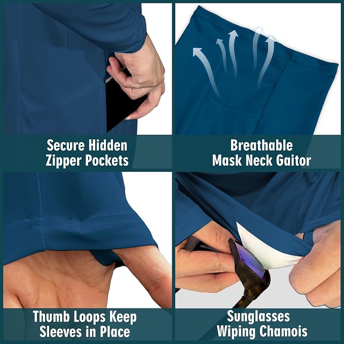 Palmyth Men's Fishing Hoodie UPF 50+ Long Sleeve with Face Mask Neck Gaiter | Zipper Pocket, Thumb Loops, Quick-Dry, Side Mesh Panels, Lens Cleaning Cloth
