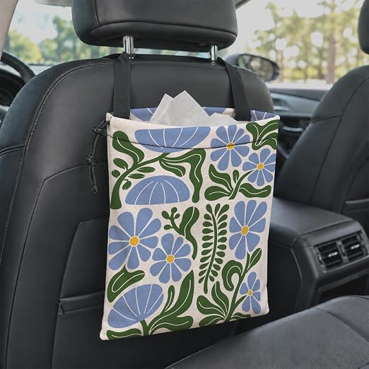 Boho Abstract Flower Car Garbage Bag Canvas Trash Can | Rustic Blue Floral Drawstring Car Trash Bag Hanging for Back Seat with Adjustable Buckle