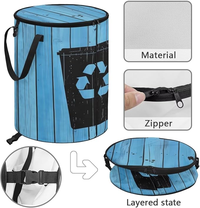 Collapsible Trash Can for Lawn and Yard Garden Leaf Bin, 24 Gallon Large Capacity Foldable Waster Bag with Lid and Handles Blue Recycle Sign Print