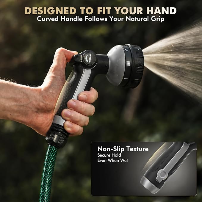 RESTMO Garden Hose Nozzle Heavy Duty, Thumb Control Metal Sprayer Nozzle | Zinc Alloy Body with TPU Coating, 8 Adjustable Spray Patters, Ergonomic Handle, Leak Proof, Idea for Washing & Watering