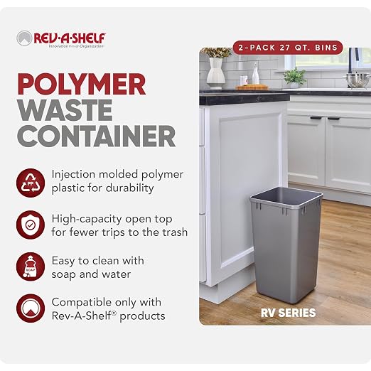 Rev-A-Shelf 27 qt Polymer Replacement Waste Container for Rev-A-Shelf Pullouts, Kitchen Cabinet Trash Can Recycle Bin, RV-1024-17-2, Silver (2-Pack)