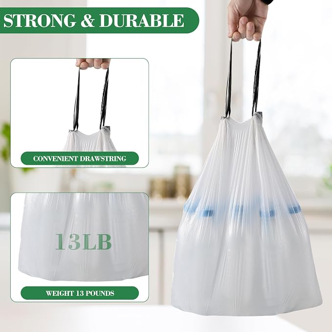 200 Counts 4 Gallon Trash Bag Drawstring Small Trash Bags, Thick Pre-separated Garbage Bags, Trash Bin Liners, Suitable for bathroom, kitchen, bedroom, office (White)