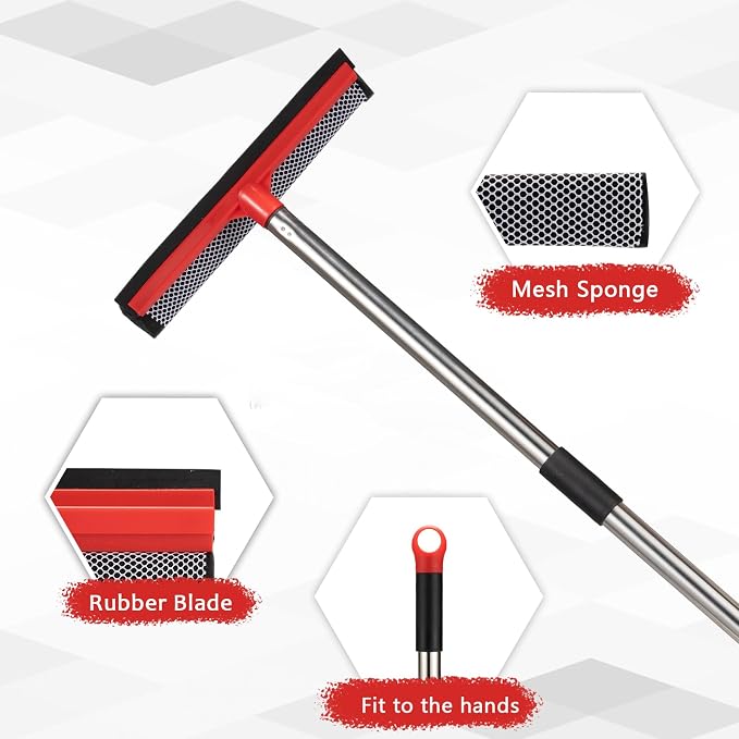 2 in 1 Standard Window Squeegee, Home Window Cleaner with 59" Poles,Washing Squeegee Suit for Glass Door Cleaner, Multi-Use Car Windshield Cleaning Tool with Long Handle for High Outdoor Windows