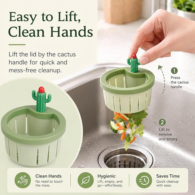 Cactus Kitchen Sink Drain Strainer, Cactus Sink Strainer Basket Fine Mesh, 2026 Upgrade Press Automatic Dumping Basket, Multi-Functional Anti-Clogging Kitchen Drainer with Lifting Handle（Green）