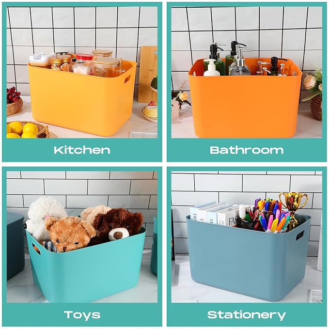 Hoolerry 8 Pack Storage Bins, 16.1 X 12.0 X 9.7 Inch Multi-colored | Plastic Stackable Containers with Lid Handle, For Shelves Desktop Playroom Office, Organizing Toys Books Supplies Storage