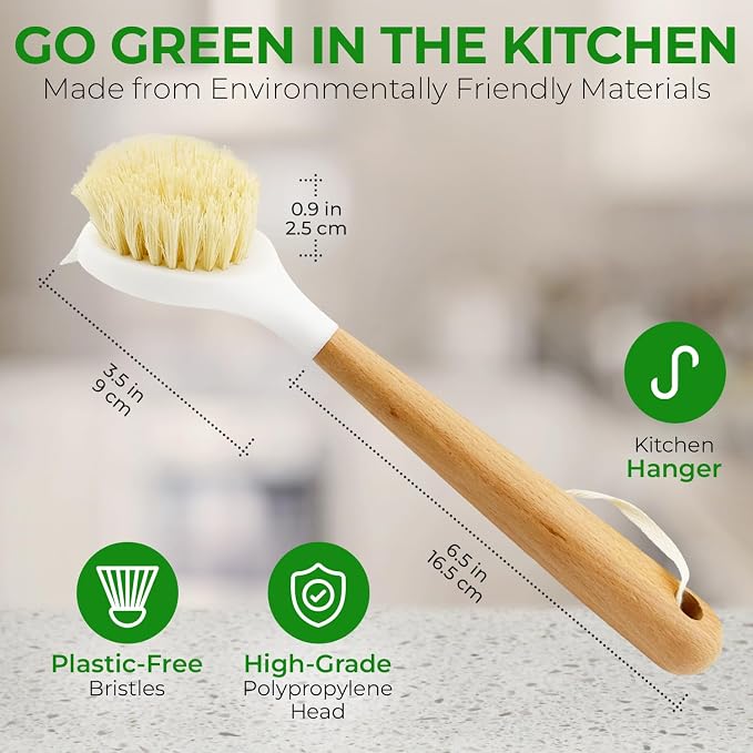 Wooden Dish Brush Set of 2 - Dish Brush with Handle Made of Wood & Sisal Bristles, Non Scratch Kitchen Scrub Brush for Dishes, Pots & Pans, Dish Scrubber with Plastic Free Bristles