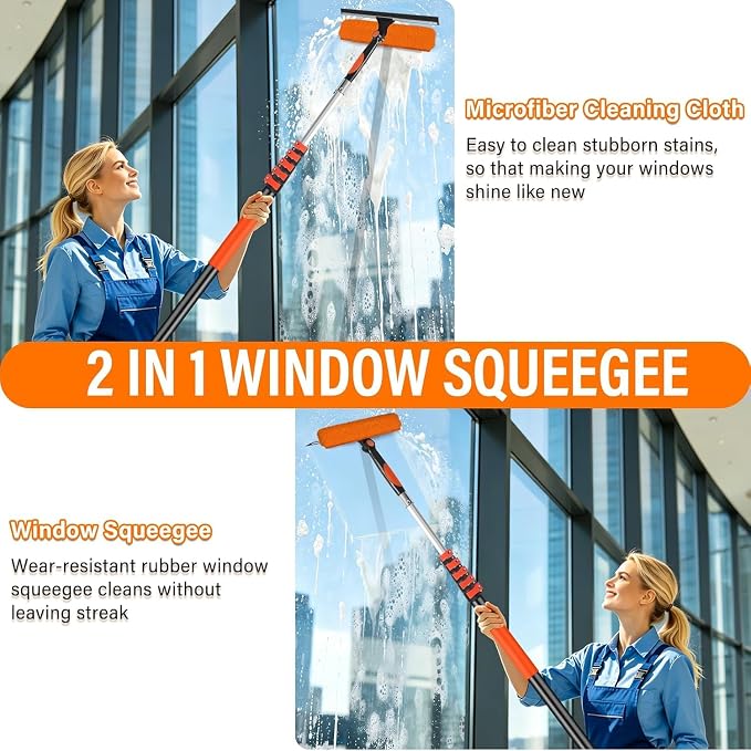 30FT Telescoping Window Squeegee Kit | 2-in-1 Window Washer & Microfiber Scrubber with Extension Pole | High Reach Cleaning Tool for Outdoor, Indoor Windows & Glass