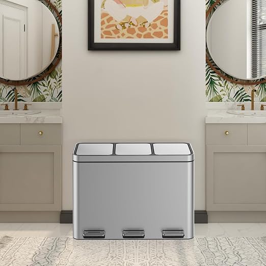 Garvee 12Gal 3-Compartment Kitchen Trash & Recycle Bin Stainless Steel | Fingerprint-Proof, Whisper-Quiet Soft-Close Lid, Removable Inner Buckets, for Kitchen & Office