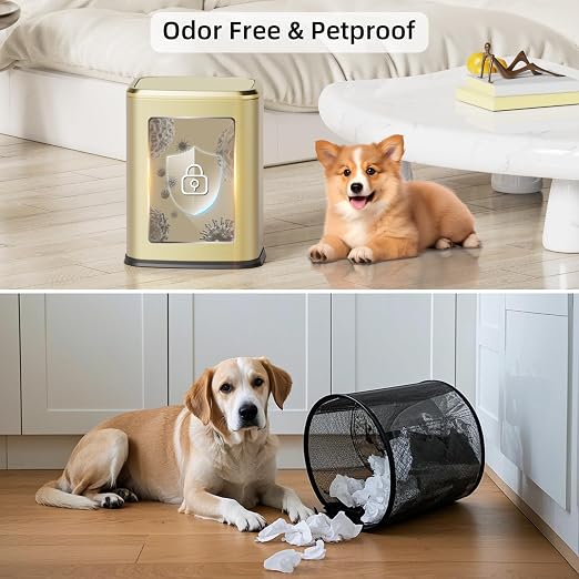 8L/2.1 Gallon Small Bathroom Trash Can with Lid, Swing-Top Rectangular Waste Bin, Stainless Steel Garbage Can for Home, Office, Toilet, Bedroom, Living-Room (Gold)