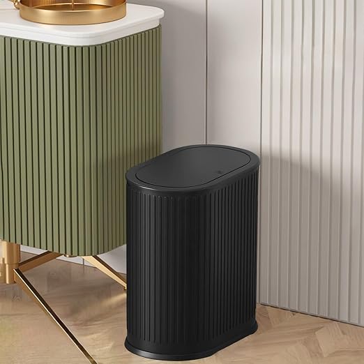 1.6 Gallon Trash Can with Lid, Small Bathroom Trash Can Wastebasket, Slim Garbage Can with Inner Bucket, Press Top Lid Garbage Container Bin for Kitchen, Home, Office, Bedroom, Living Room (Black)