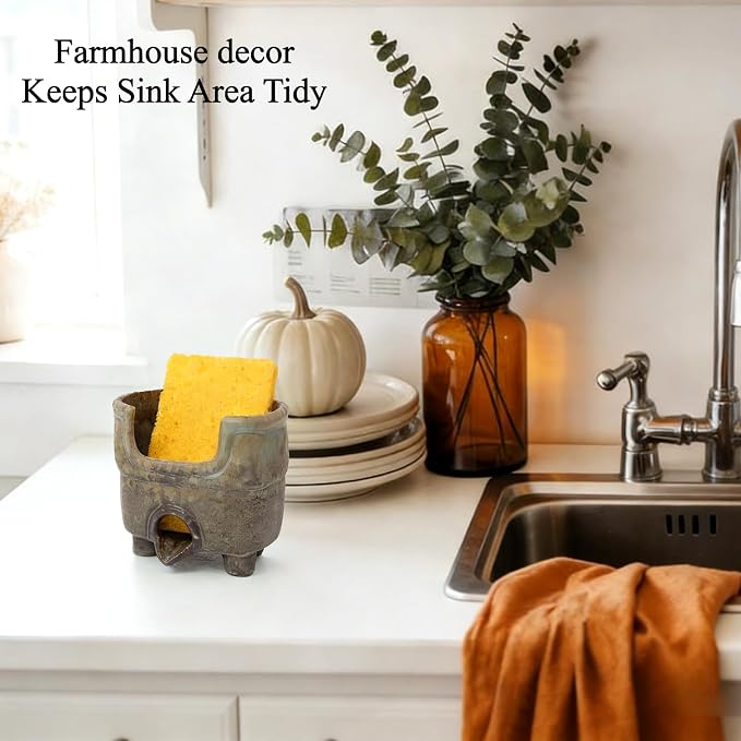 Sponge Holder for Kitchen Sink, Ceramic Sink Caddy Organizer | Self draining sponge Dish for scouring pad, soap, brushes. Rustic farmhouse kitchen sink storage keeps counter dry. Avocado