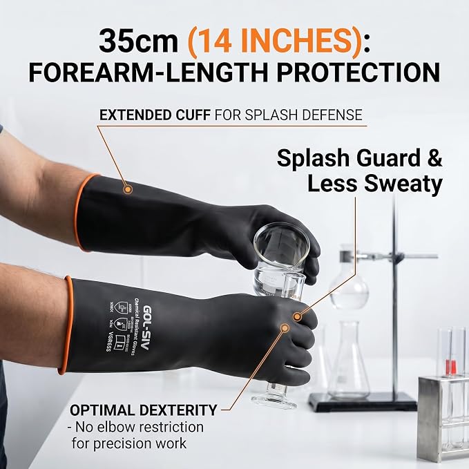 Chemical Resistant Gloves, Heavy Duty Latex Work Gloves - Waterproof, Resist Acid, Oil, Alkali - Industrial Rubber Dishwashing Gloves for Masonry & Car Detailing, 14in, 6 Pairs