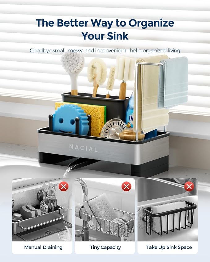 Nacial Kitchen Sink Organizer, Sink Caddy with Sponge & Tall Brush Holder | 304 Stainless Steel Kitchen Countertop Organizer with Double-Bar Towel Holder, Stores Sponge, Brush, Towel & Sink Essentials