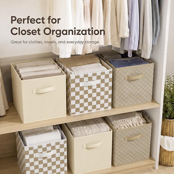 Chunful 6 Pcs 11 Inch Gingham Fabric Storage Cube Bin Woven Foldable Checkered Storage Cube for Classroom Basket Bin Organizer with Handle Decor for Organizing Clothes, Toy, Book