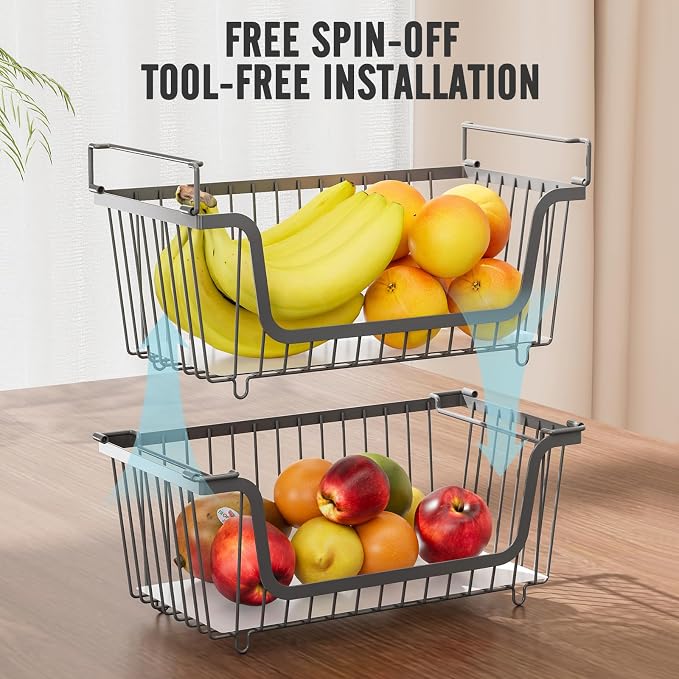 4 Pcs Stackable Wire Baskets for Pantry Organizers and Storage, | Vegetable Fruit Basket for Countertop,Kitchen Storage Metal Baskets,Produce Potato Onion Storage Bin,Gray