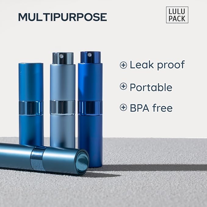 Lulupack Travel Perfume Bottle Refillable - Cologne Spray Atomizer Mini - Small Travel Size Sprayer Empty for Refill Sample Container - Portable Fragrance Decant Dispenser for Men Women 8ml 4PCS Blue