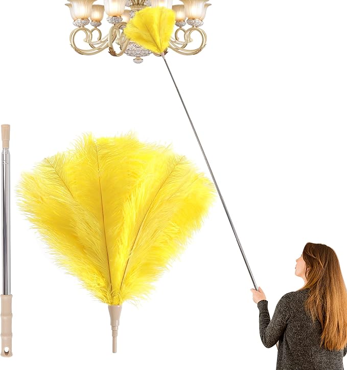 Extendable Ostrich Feather Duster Lengthen Feather Duster Used for Home Cleaning Ceilings（2.1M,Yellow）