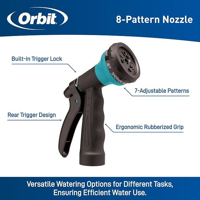 Orbit 26381 Coil Garden Hose, 25 Feet, with 8-Pattern Hose Nozzle (Blue) | Flexible Coil Garden Hose with 8-Pattern Spray Nozzle for Lawn & Garden Watering, Lightweight & Easy to Store