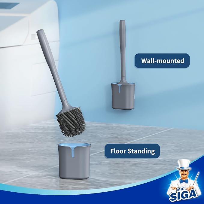 MR.SIGA Toilet Brush and Holder Wall Mounted, Gray, 1 Pack | Compact space saving toilet cleaner brush, scratch free thermoplastic rubber head, easy to clean and dry quickly