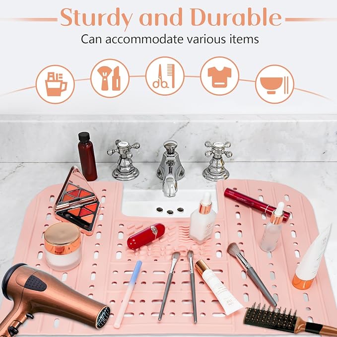 Bathroom Sink Cover for Counter Space, Foldable Silicone Makeup Mat with Hanging Loop Heat-Resistant Sink Cover for Makeup, 22 * 17" Space Saver Sink Organizer Mat for Bathroom, Pink