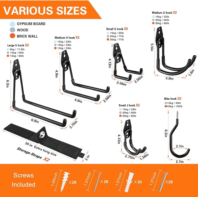 HUPBIPY 18 Pack Garage Hooks Heavy Duty, Wall Mount Ladder Hooks | Storage Organizer With a non-slip coating for Hanging Bicycles Garden Tools Ladders Hoses Ropes and Loose Items(Black)
