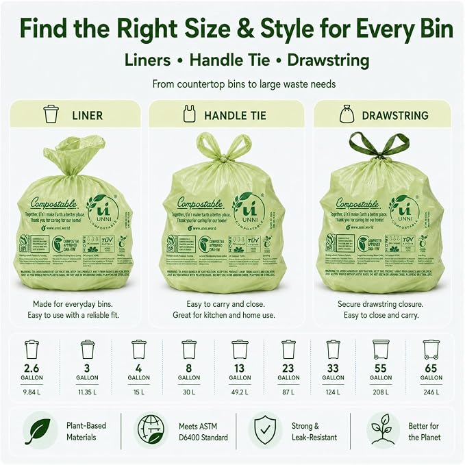 UNNI 30-33 Gallon Compostable Bags, 40 Count, 124 L, Extra Thick 1.1 Mil | Large Compost Bags for Lawn, Leaf & Yard Waste & Kitchen Organics, 2 Packs of 30, Certified by BPI, CMA & OK compost HOME