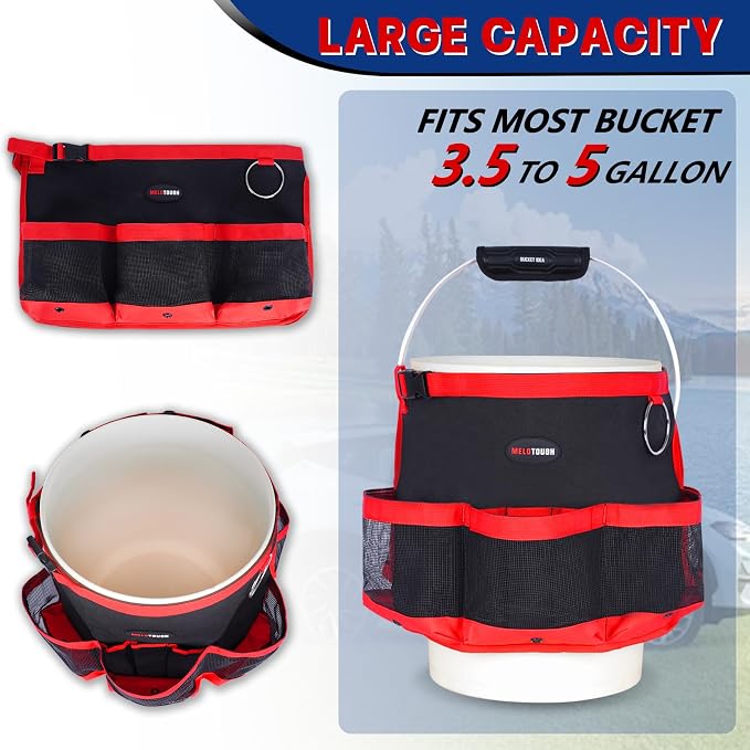 MELOTOUGH Bucket Car Wash Tool Organizer for Garden | Multiple Compartments, Fit 3.5-5 Gal Buckets, Classic Red, Durable Mesh Pockets, Water-Resistant, Easy To Carry