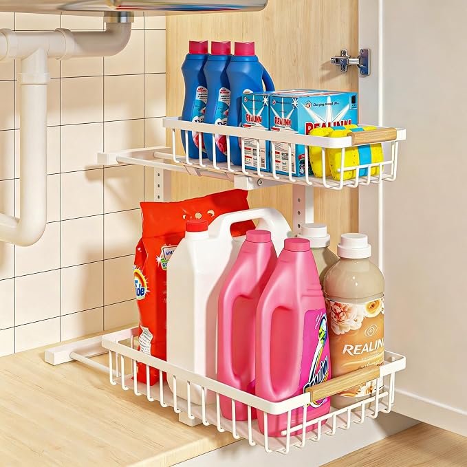 REALINN Under Sink Organizer, Height Adjustable Under Sink Organizers and Storage, 2 Tier Pull Out Drawer Cabinet Storage for Kitchen Bathroom, 1 Pack, White | cabinet organizer, 5 level adjustable, quiet sliding rails, dual suction and nano tape, no d...