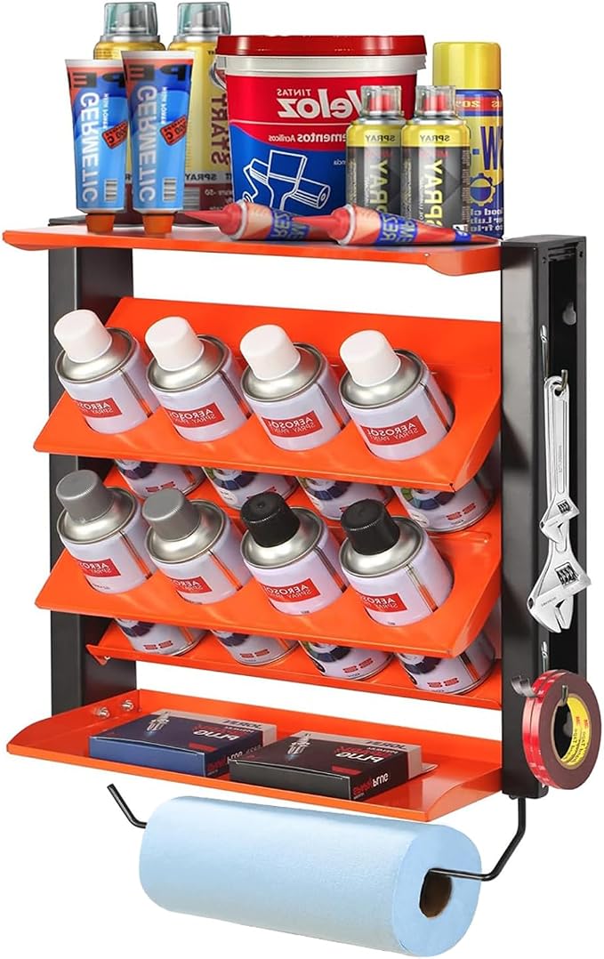 Spray Can Holder, Wall Mount Paint Bottle Organizer 8 Holes & 2 Shelves | Heavy Duty Lube Can Organizer with Paper Towel Holder for Garage & Home