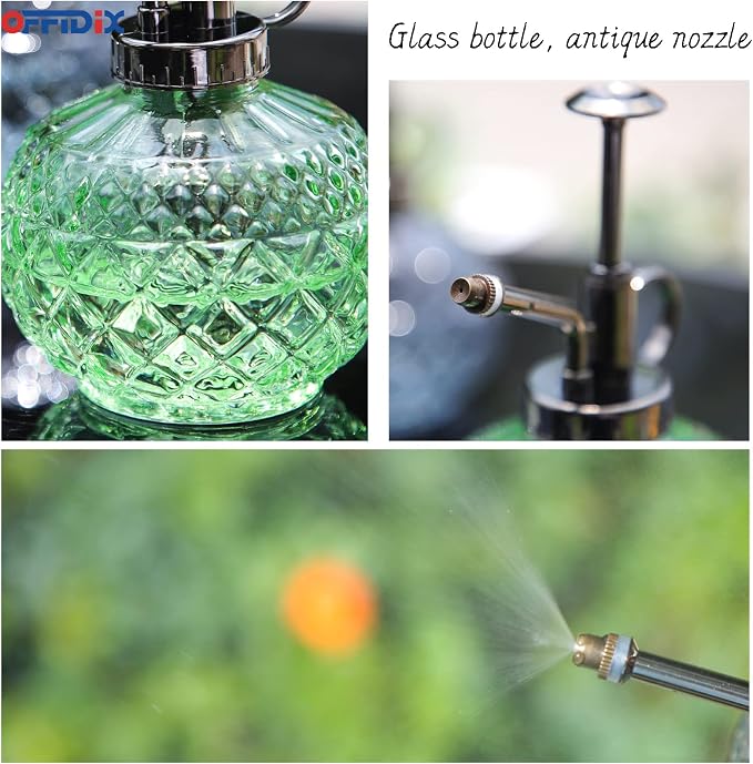 OFFIDIX Plant Mister, Green Glass Fine Mist Spray Bottle for Plants 10 oz | Glass Spray Bottles with Plastic Bronze Top Pump, Vintage 300ML Small Watering Can for Gardening, Cleaning Table Decorative
