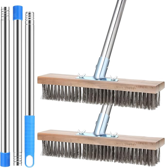 FillTouch Set of 2 Deck Brush with Handle 5.25 ft Long 2 Pcs Stainless Steel Deck Wire Brush Concrete Brush Stiff Bristle Broom for Cleaning Scrubbing Removing Rough Surface Stain on Pool Garage Patio