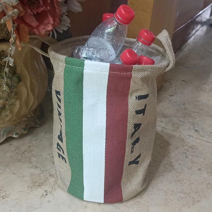 Burlap Waste Basket Vintage, Round Jute Organizer with Handles | Small Recycling Bin for Paper, Bottles & Cans, Rustic Home Office Decor, Italian Flag Design, Souvenir Gift 10" Dia. X 12" H
